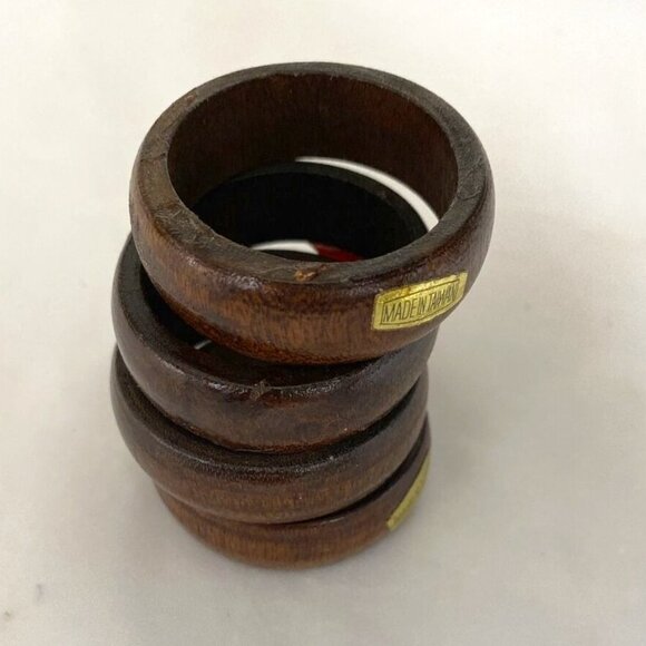 Set of 4 Vintage Thin Small Wooden Napkin Rings Dark Brown Wood Holders Taiwan - Picture 3 of 3